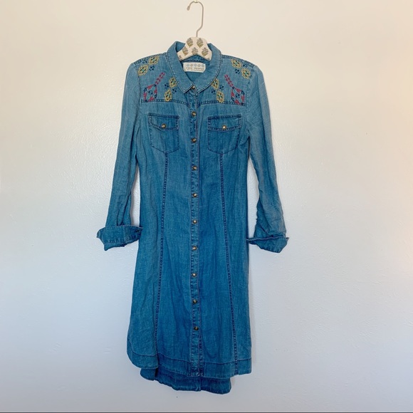 Free People | Dresses | Free People Embroidered Denim Shirt Dress | Poshmark